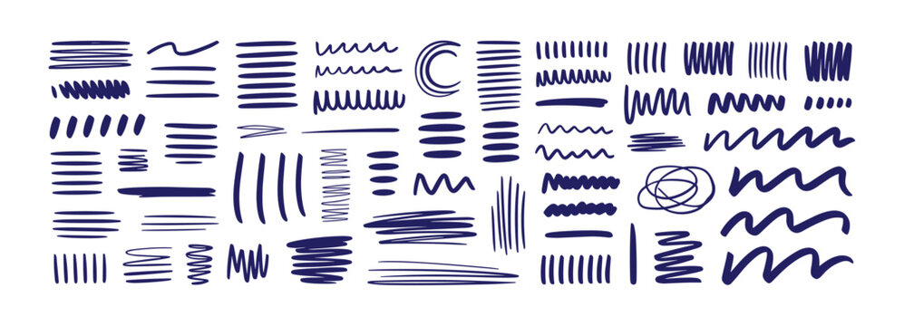 Hand-drawn Line Graphics: A collection of various hand-drawn line graphics in deep blue, featuring scribbles, waves, hatching, and parallel lines, perfect for adding a raw, artistic touch to designs.