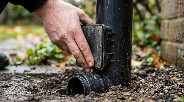 maintenance of outdoor drainage system | installing plastic downpipe access cover | cleaning underground gutter drain pipe | residential drainage pipe inspection point