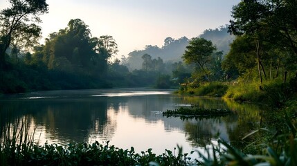 Obraz premium Tranquil scenic travel destination bathed in soft morning light creating a peaceful and serene atmosphere