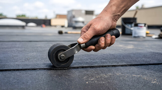 EPDM rubber roof seam repair |hand using silicone pressure roller |flat commercial roof installation| sealing rubber membrane seams| roofing contractor tools in action