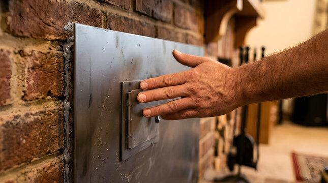 Man hand pressing metal fireplace register | Rustic brick fireplace maintenance | Installing chimney cleanout door | Opening hearth ash dump door | Home heating system repairs