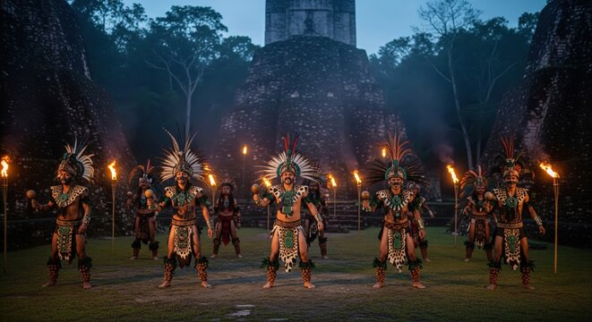 Dramatic dusk ceremony of Mayan warriors in traditional feather headdress and leopard costume performing ritual dance with torches before ancient stone pyramid in jungle, cultural heritage concept