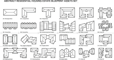 Abstract residential housing estate blueprint assets set with top view roof outlines layout plans and apartment architectural map icons isolated on white background © Malati