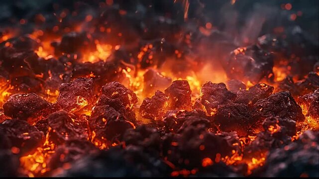 Macro view of smoldering hot coals with smoke and fire.