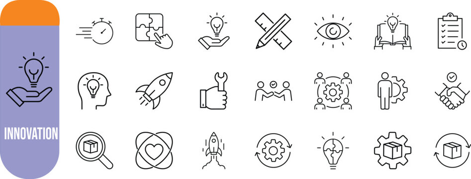Innovation business idea solution icons. lightbulb icon set, rocket icon set, puzzle icon set