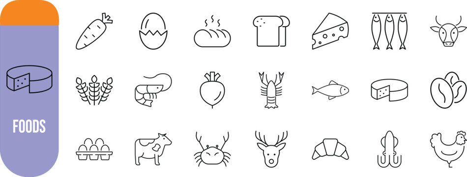 Diverse food items vector icons. egg icon set, bread icon set, cheese icon set