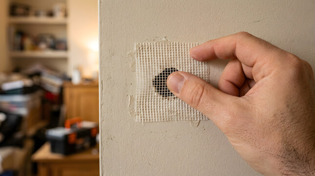 repairing drywall hole with mesh tape | hand applying wall patch kit | diy home maintenance wall repair | fixing damaged plasterboard wall