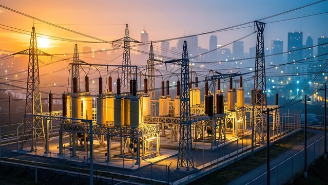 Electric substation at sunset with a view of the urban landscape, high-voltage transformer substation, energy infrastructure.