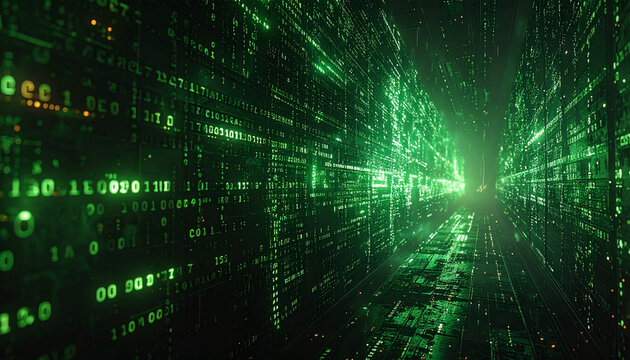 Glitch data stream: corrupted green matrix binary code