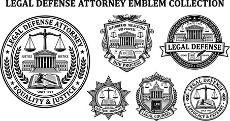 Fototapeta premium Legal defense attorney emblem collection featuring vintage law firm seals badges and insignias with courthouse scales of justice open law book and judge gavel