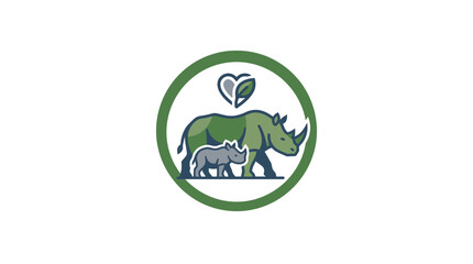Rhino Family Conservation Emblem with Heart and Leaf Icon © Tora