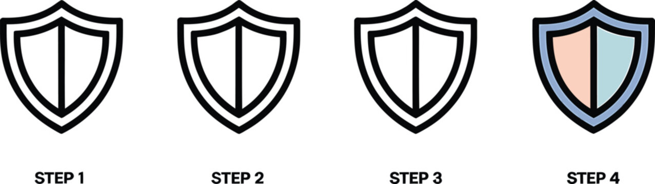 Four Step Shield Design Process With Color Fill Progression Illustration