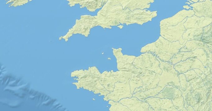 Guernsey on Globe. Zoom into the country with Earth spinning on dark background. Physical world map with Guernsey and label on it. Country view animation.