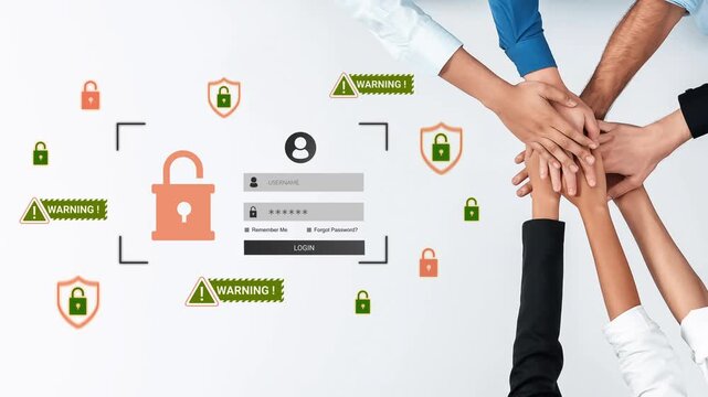Collaborative effort in cybersecurity focusing on password safety and user protection in a digital environment with warning symbols and lock icons Gluon.