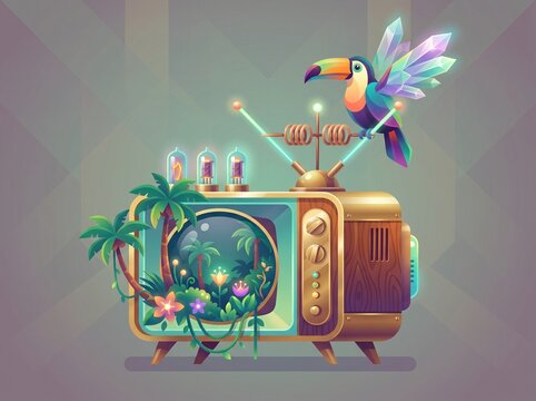Surreal Retro TV Jungle Terrarium with Crystal Wing Toucan Vector Illustration