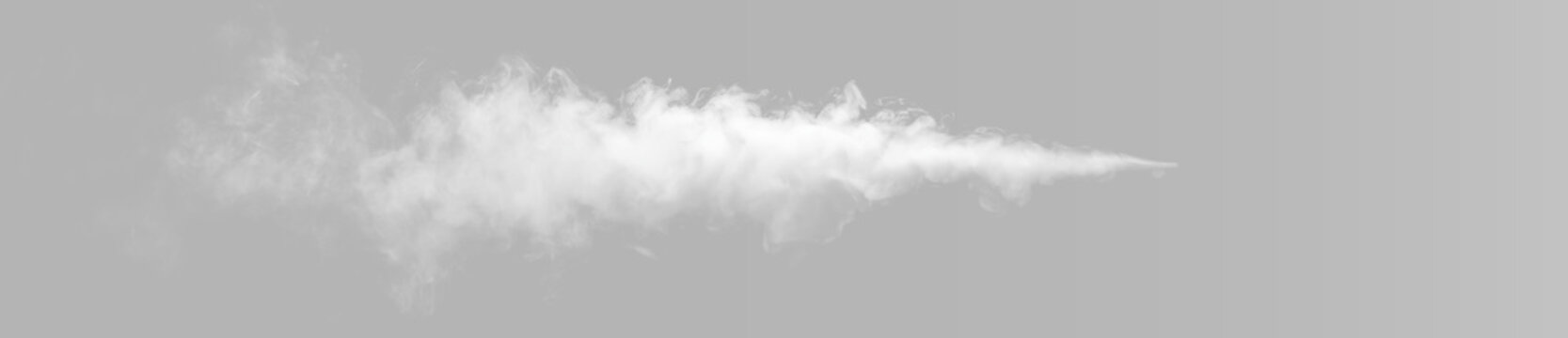 Abstract realistic smoke jet on grey and black background, horizontal steam mist puff plume overlay