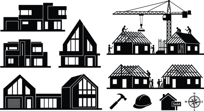 Modern residential house construction silhouette vector set with builders framing roofs, tower crane working, modern architecture properties, and real estate development icons