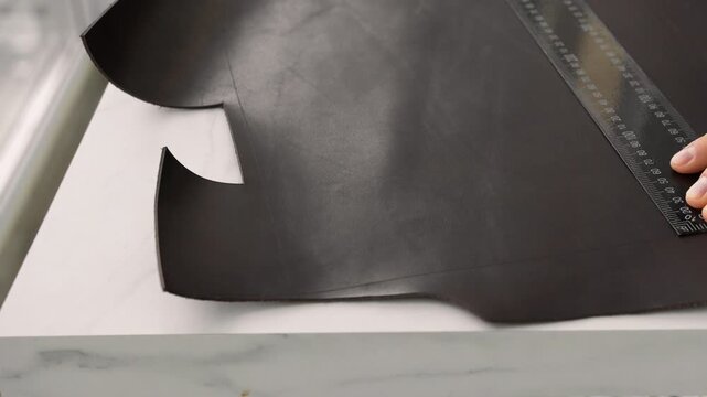 Leatherworker using a ruler and awl to accurately mark a cutting line on a dark leather piece in a workshop for shoemaking