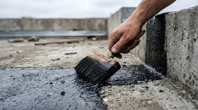 applying liquid bitumen membrane | professional flat roof waterproofing | concrete foundation sealing process | construction site roof repair