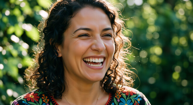 Close up portrait of a laughing woman with curly dark hair. Happy female with a bright smile outdoors in nature. Joyful and positive emotion concept