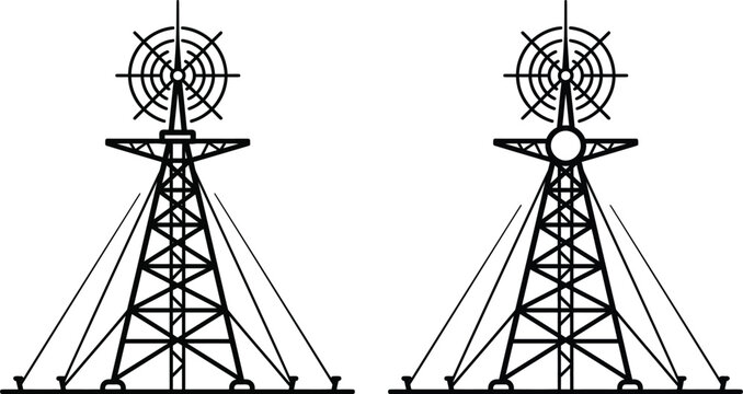 Detailed illustration of two radio broadcasting towers with antennae