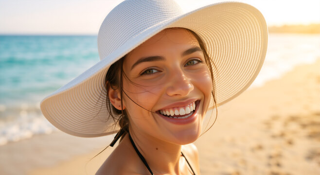 Close up portrait of a laughing young woman wearing a white sun hat. Happy female with a bright smile on a sunny beach during golden hour. Summer vacation concept