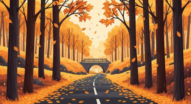 Flat vector illustration of a scenic autumn forest road with fallen orange leaves, dark tree trunks, and a stone arch bridge in the background under a warm yellow sky.