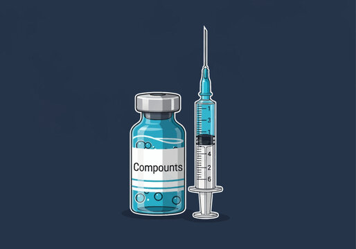 Vector illustration of a glass medical vial with blue liquid and a label marked Compounts positioned beside a sterile hypodermic syringe with a needle on a dark blue background.