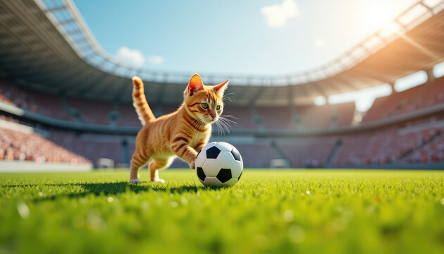 Ginger kitten playing with soccer ball on green grass of stadium. Small cat athlete exploring sports field. Funny pet active lifestyle, championship mood and sports concept.