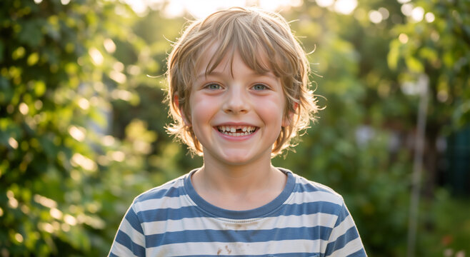 Portrait of a happy young boy with a missing front tooth smiling. Cheerful blonde kid in a striped shirt outdoors in a sunny garden. Childhood and dental health concept