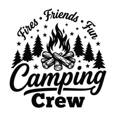 Obraz premium Friends Fun Camping Crew Campfire Typography Outdoor Adventure Vector Illustration