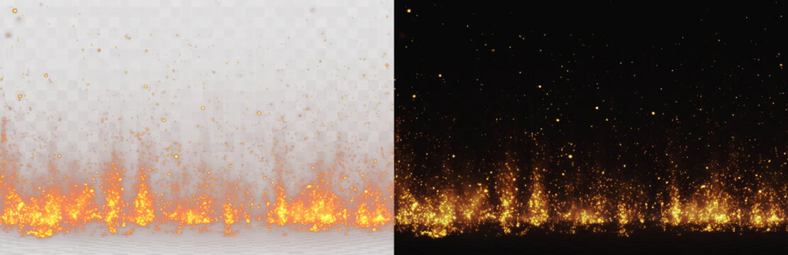 Abstract burning fire sparks on white and black background, horizontal flaming bonfire particles ground overlay