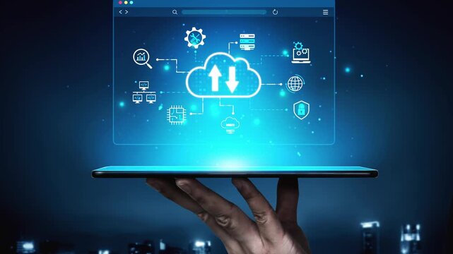 Hand Holding Tablet Displaying Cloud Computing Concepts and Digital Icons Against Dark City Background. Entropy.