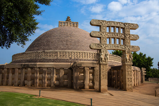 Sanchi Stupa ancient Buddhist monument, stone dome and gateways,