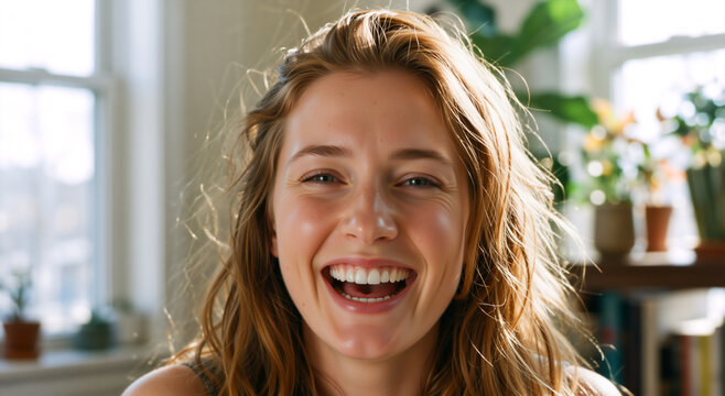 Close up portrait of a cheerful young woman laughing. Happy female with bright smile and white teeth in sunlit room. Positive emotion and dental health concept