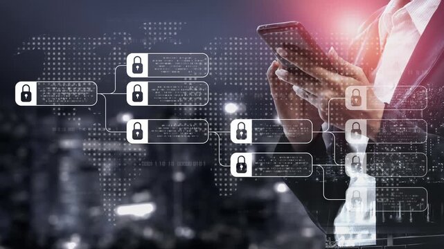 Blockchain structure showing distributed data blocks linked with encryption, representing secure transaction verification, decentralized control, and immutable record system Marrow