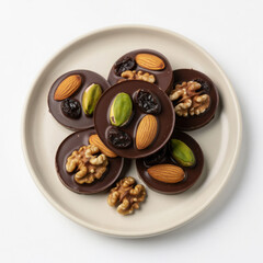 Fototapeta premium Classic Mendiants au Chocolat with Nuts and Dried Fruit Isolated on White Background