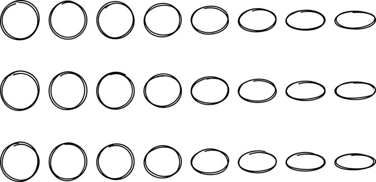 Set of handdrawn circles and ellipses, varying from round to flat shapes, sketch style doodle elements for design and decoration transparent background