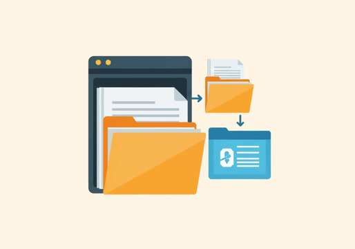 Digital file management vector illustration featuring organized orange folders with document icons, arrows indicating data transfer, and a software window interface on cream background.
