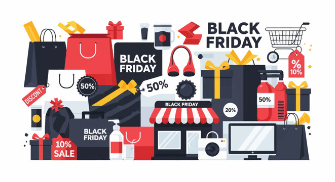 Flat vector illustration set for Black Friday promotion featuring shopping bags, gift boxes with ribbons, price tags, store icons, computer monitor, camera, and discount percentage labels.