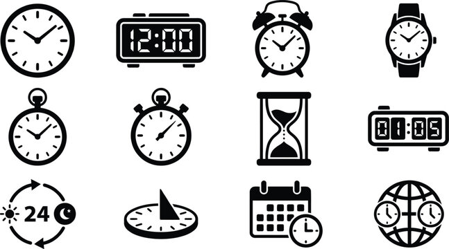 collection of various clocks and timekeeping devices icons