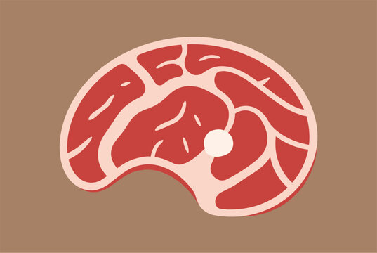 Stylized cross section illustration of a piece of raw marbled meat showing detailed muscle fibers and fat patterns in a flat graphic style.