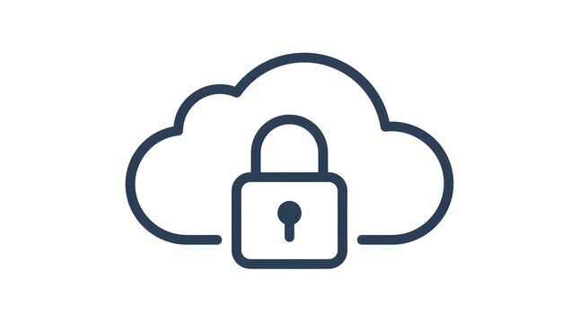 Secure cloud storage icon with simple outline of a cloud and central padlock symbol representing protected online data, privacy encryption, and trusted remote backup services