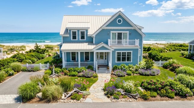 Beautiful blue coastal beach house with ocean view and landscaped garden