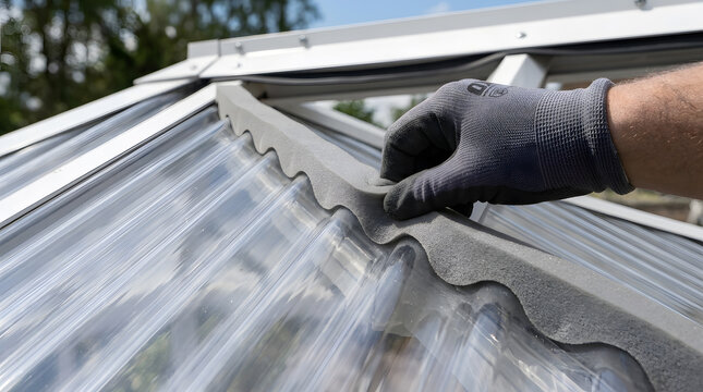 installing corrugated roof foam filler | diy greenhouse roof sealing | worker applying roof insulation | polycarbonate roofing sheet installation