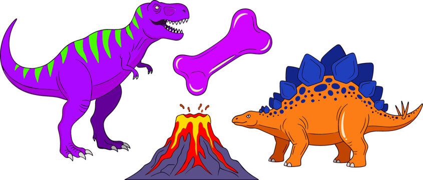 Cartoon Dinosaur Set with Purple Tyrannosaurus Rex Orange Stegosaurus Volcanic Eruption and Prehistoric Bone Vector Illustration for Children Graphic Designs