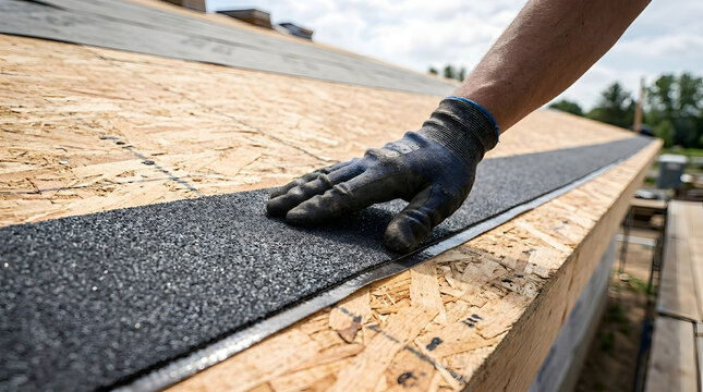 Roofer installing ice and water shield on roof deck | Professional roof waterproofing underlayment installation | Contractor hand pressing roofing felt membrane | Self-adhesive ice shield application