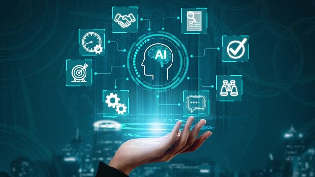 Futuristic Concept of Artificial Intelligence with Digital Display Icons Representing Business Applications, Innovation, and Technology Solutions. Entropy.