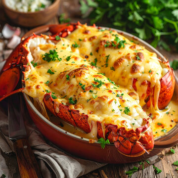 Gourmet Baked Lobster with Melted Cheese and Fresh Herbs