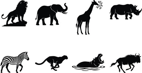 Obraz premium African Wildlife Silhouette Vector Bundle Featuring Lion Elephant Giraffe Rhinoceros Zebra Cheetah Hippopotamus and Wildebeest
